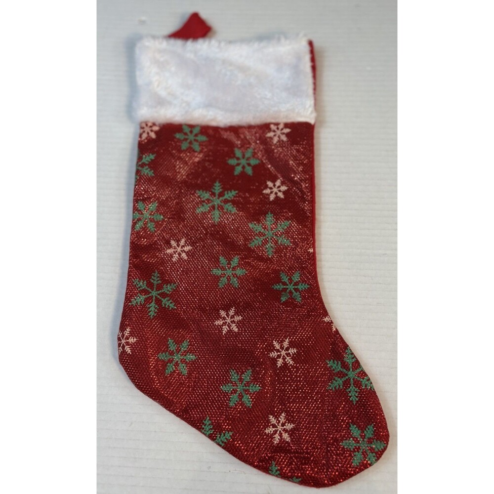 Christmas Stocking Red Metallic White Plush Trim Snowflakes 17 inch